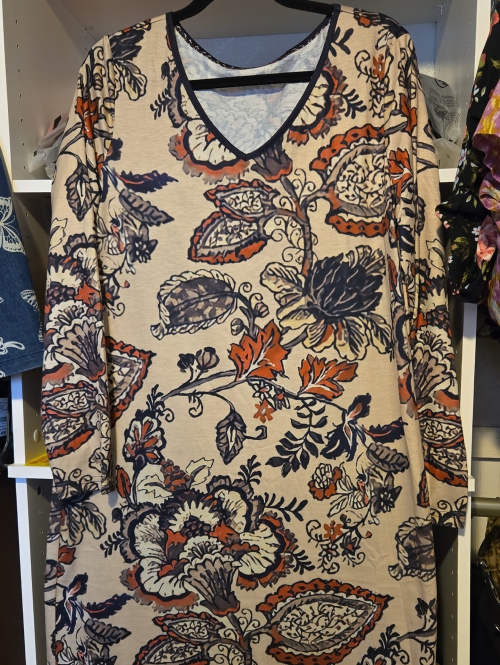 Floral V-Neck Long Sleeve Sweater Tunic - Beige with Navy & Rust Floral